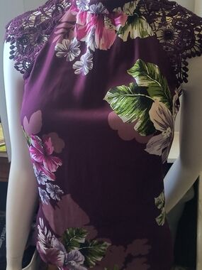 Express Purple Floral Crochet Yoke Halter Blouse
